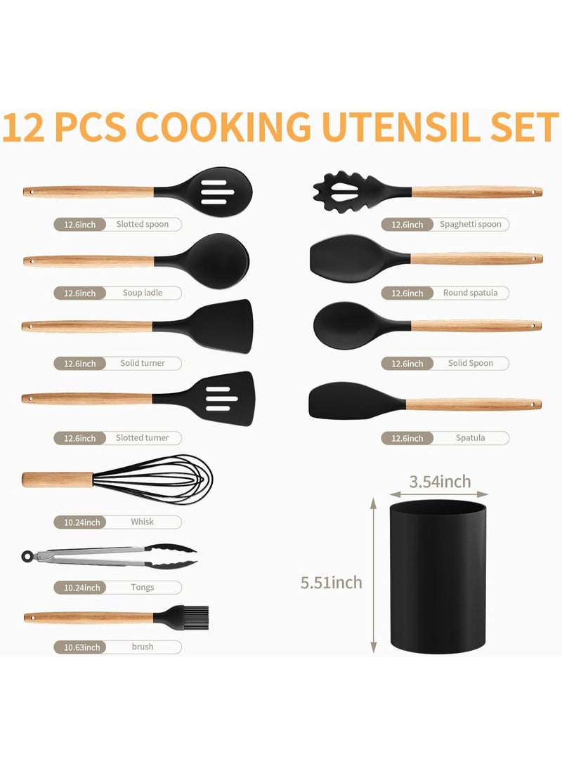 طقم أدوات مطبخ سيليكون 12 قطعة غير لاصق بمقابض خشبية (أسود) - Image 2